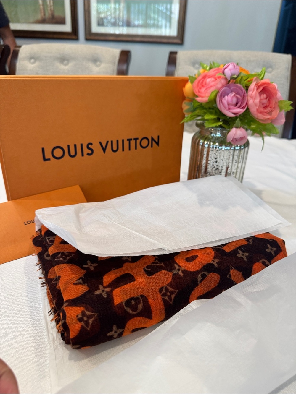 Authentic Louis Vuitton Monogram Scarf in Orange and Brown